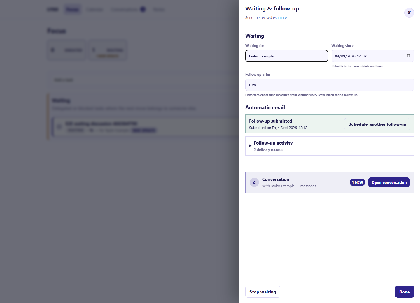 Lyso Waiting and follow-up panel showing the person being waited for, follow-up status and a secure conversation